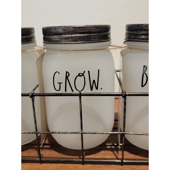 RARE Rae Dunn Plant Grow Bloom Mason Jar Set With Wire Holder 2017 - Picture 3 of 13